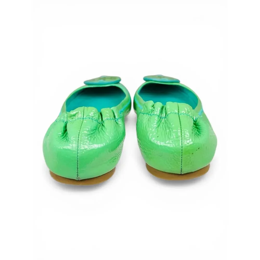 Tory Burch Caroline Green Leather Ballet Flats Size 6 Gold Logo Scrunch Elastic